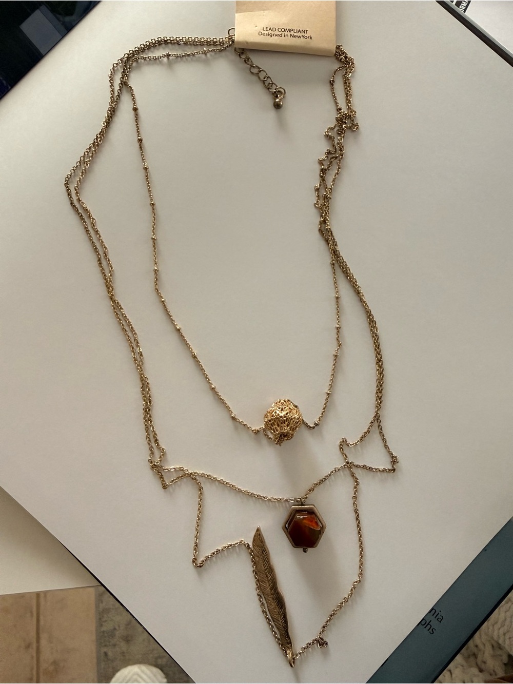 Layered Gold-Tone Women’s Pendant Necklace with Amber Accent - Unbranded